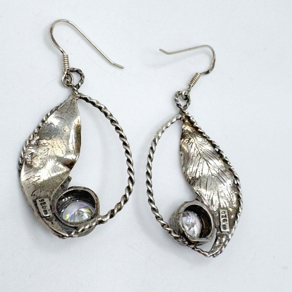 Artisan Sterling Silver CZ Earrings Leaf Modernist Artistic 2" - Picture 4 of 7
